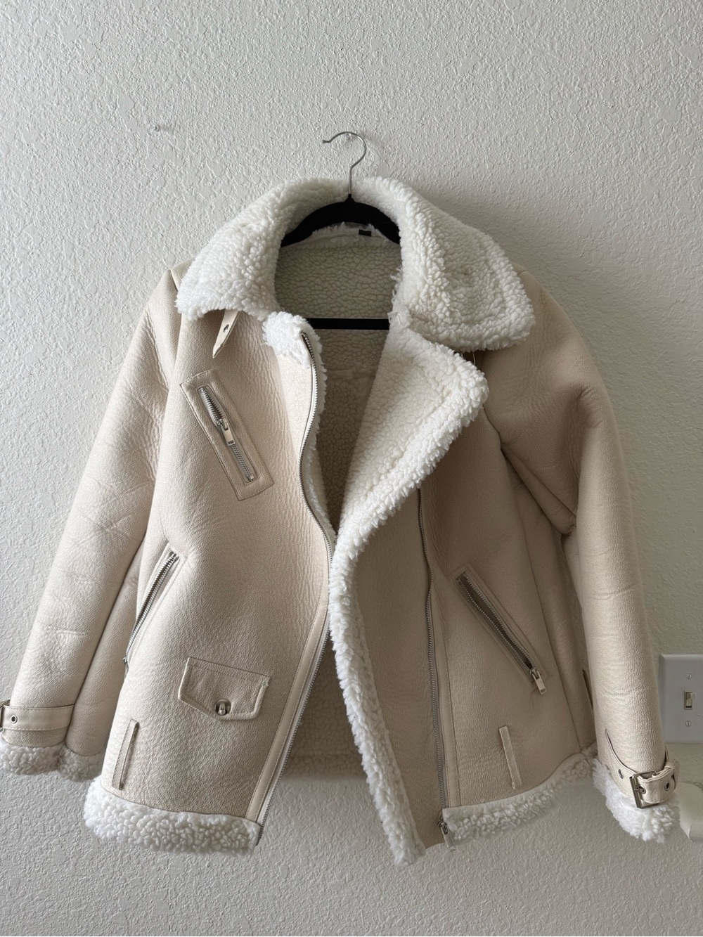 SHEIN Cream Sherpa Moto Aviator Jacket